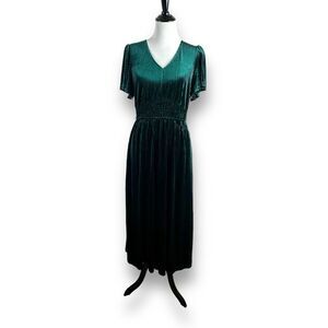Merokeety Women's L Short Sleeve V-Neck Maxi Dress Emerald‎ Green Pleated Valvet